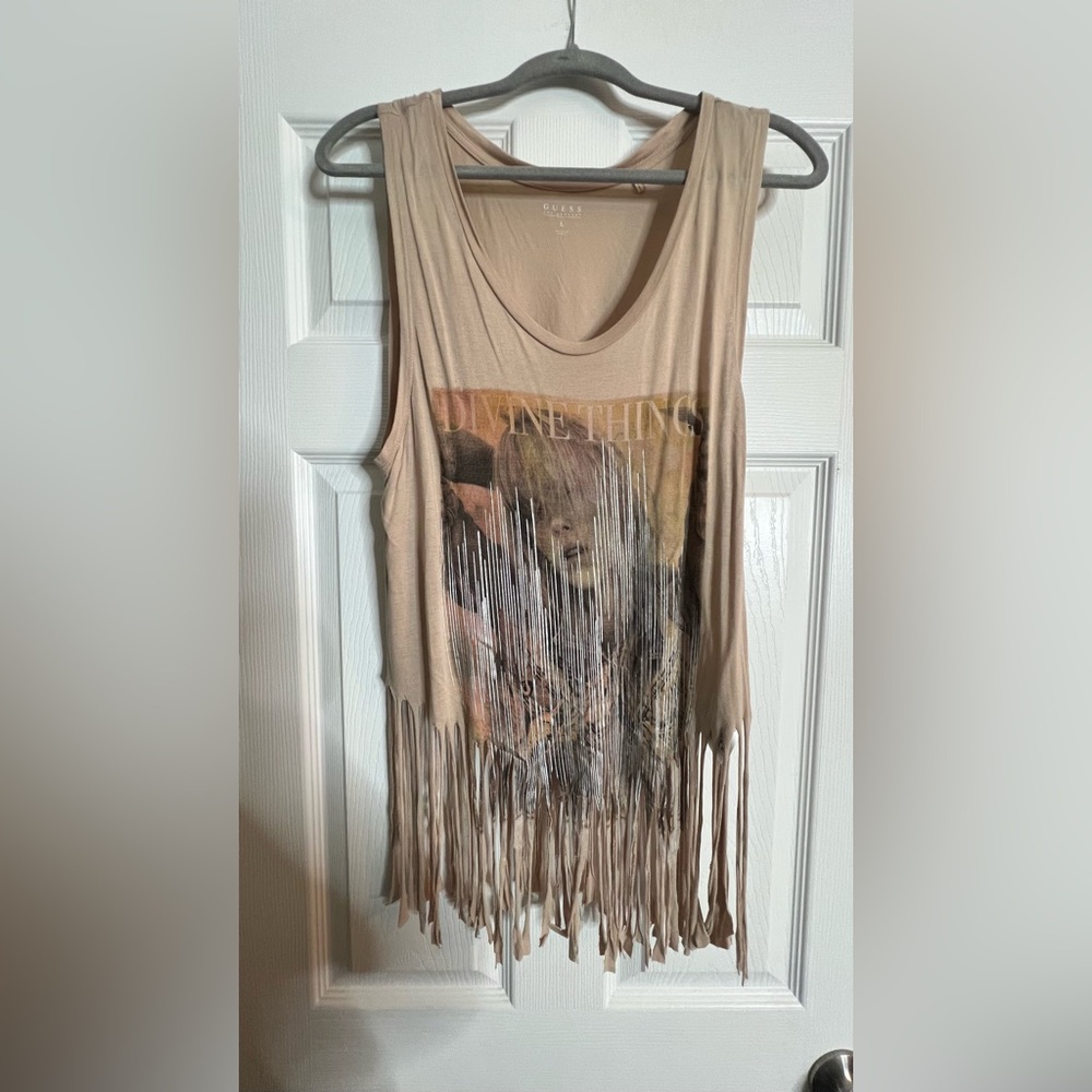 Guess Summer Crush Sleeveless Fringe Graphic Tank Top/ Tee